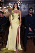 Elegant Yellow One Shoulder Long Sleeve Mermaid Prom Dress With Slit by misshow.com