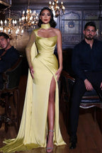 Elegant Yellow One Shoulder Long Sleeve Mermaid Prom Dress With Slit by misshow.com