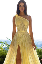 Elegant Yellow One Shoulder Sequined A-line Prom Dress With Slit by misshow.com
