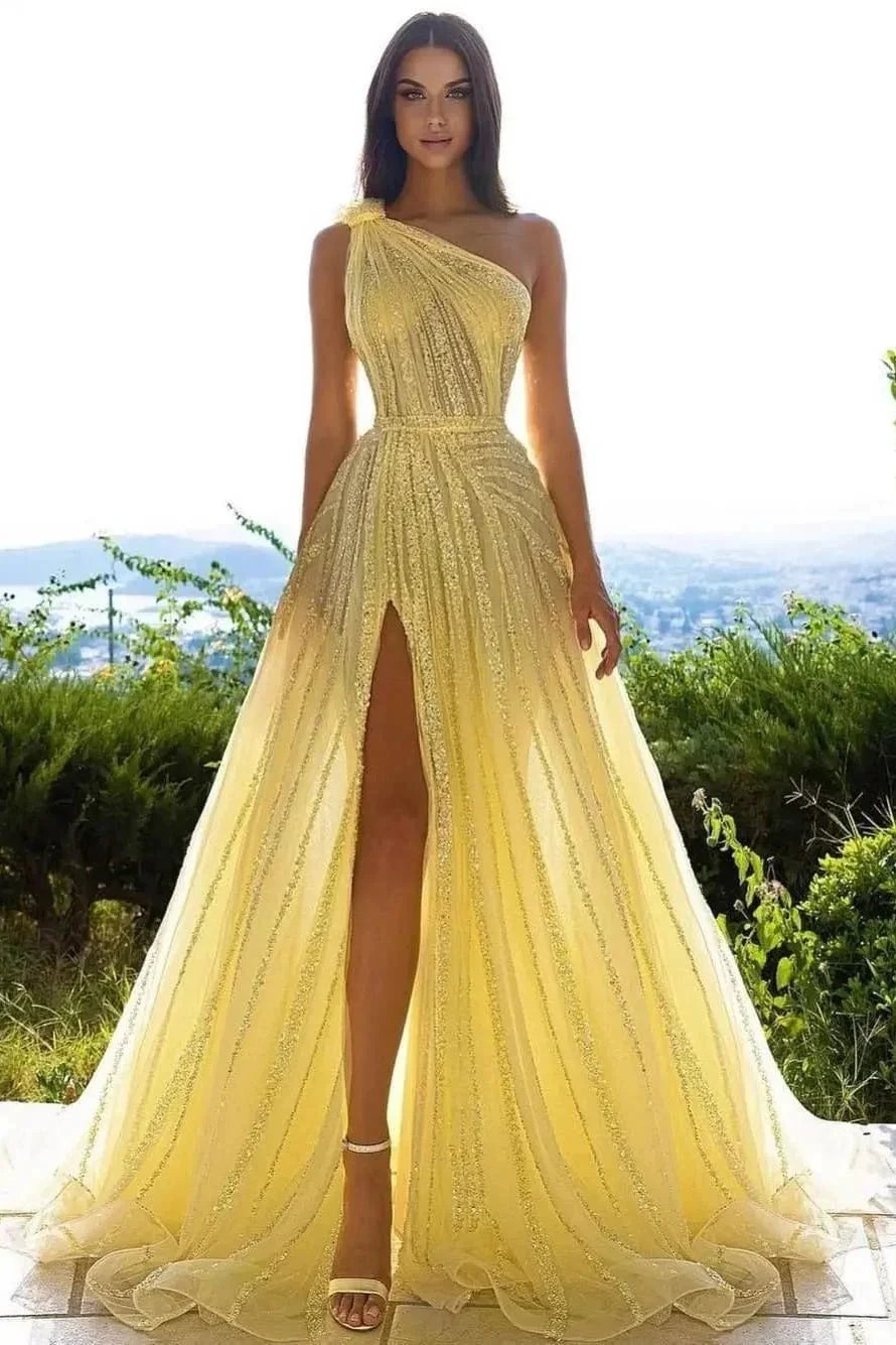 Elegant Yellow One Shoulder Sequined A-line Prom Dress With Slit by misshow.com