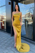 Elegant Yellow Simple Sleeveless Mermaid Prom Dress With Slit by misshow.com