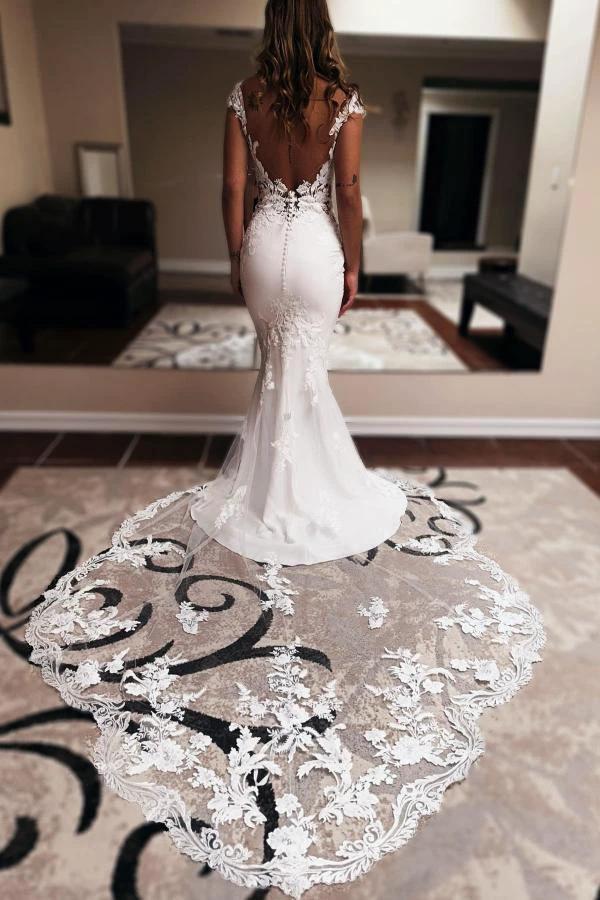 Elegent Long Mermaid Sweetheart Sleeveless Chapel Train Backless Wedding Dress by BIZTUNNEL