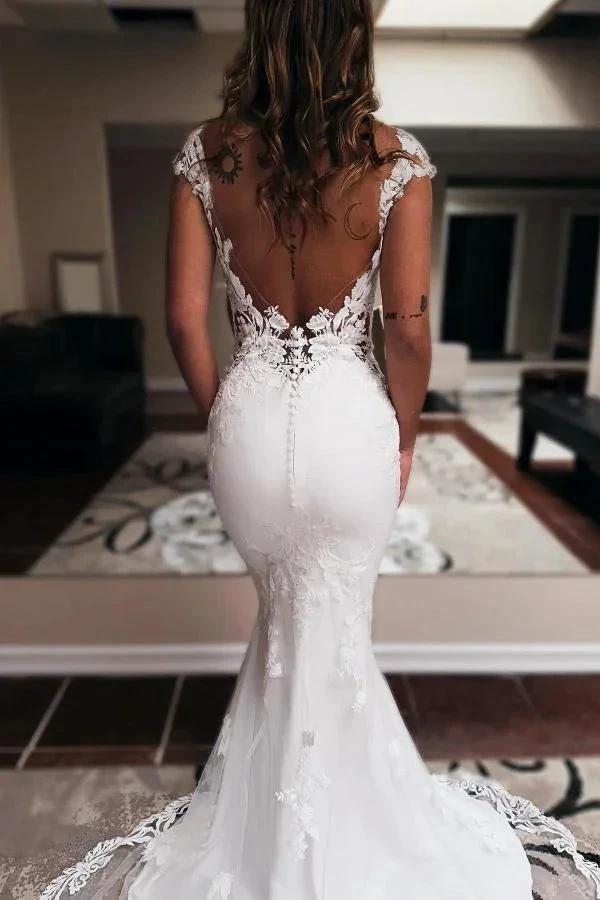 Elegent Long Mermaid Sweetheart Sleeveless Chapel Train Backless Wedding Dress by BIZTUNNEL