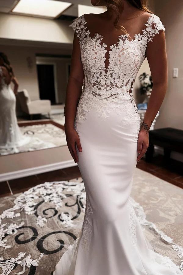 Elegent Long Mermaid Sweetheart Sleeveless Chapel Train Backless Wedding Dress by BIZTUNNEL