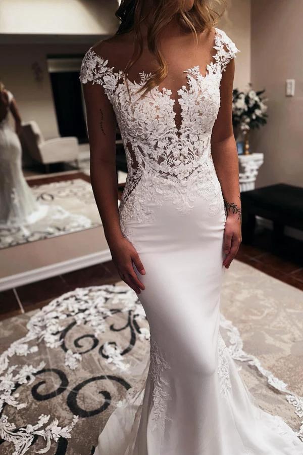 Elegent Long Mermaid Sweetheart Sleeveless Chapel Train Backless Wedding Dress by BIZTUNNEL