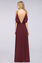 Elgant Ruffles Chiffon Floor-Length Bridesmaid Dress Aline Pearls Sleeveless Wedding Party Dress