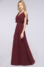 Elgant Ruffles Chiffon Floor-Length Bridesmaid Dress Aline Pearls Sleeveless Wedding Party Dress