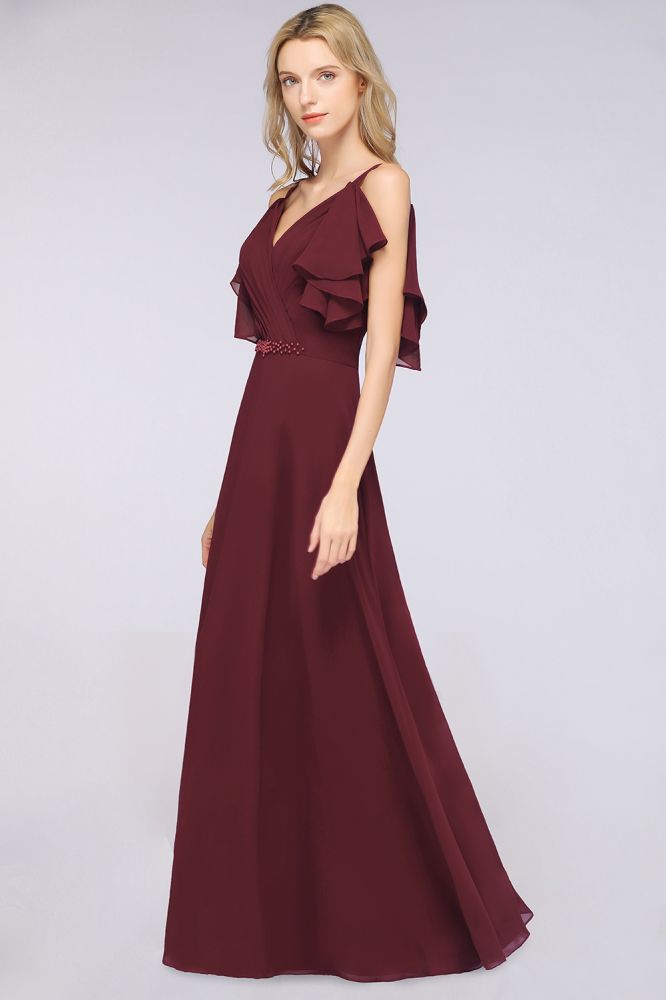 Elgant Ruffles Chiffon Floor-Length Bridesmaid Dress Aline Pearls Sleeveless Wedding Party Dress