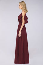 Elgant Ruffles Chiffon Floor-Length Bridesmaid Dress Aline Pearls Sleeveless Wedding Party Dress