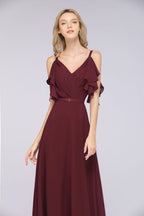 Elgant Ruffles Chiffon Floor-Length Bridesmaid Dress Aline Pearls Sleeveless Wedding Party Dress