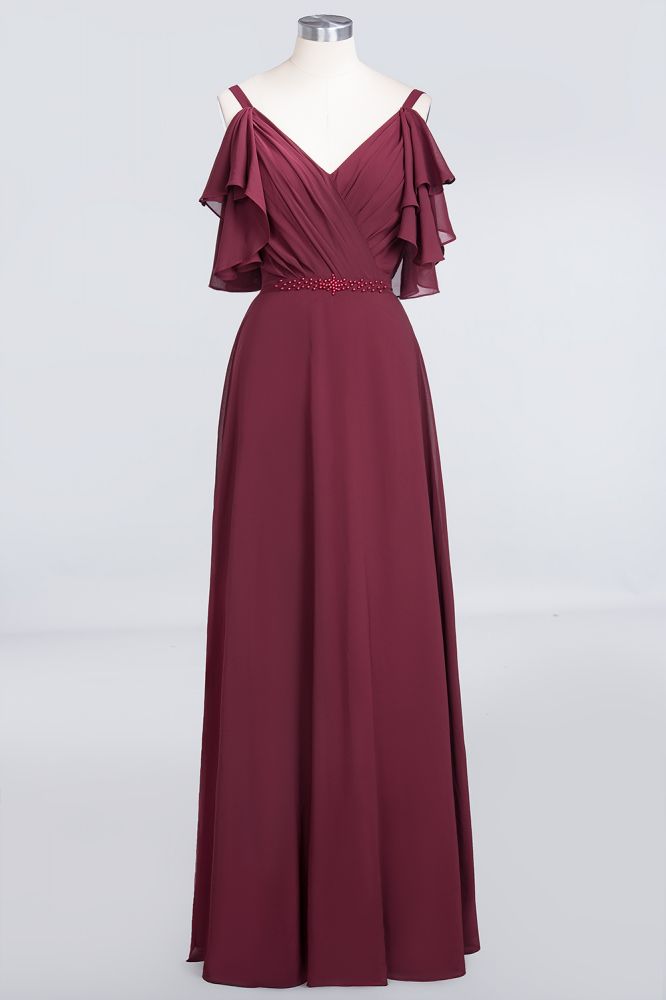 Elgant Ruffles Chiffon Floor-Length Bridesmaid Dress Aline Pearls Sleeveless Wedding Party Dress