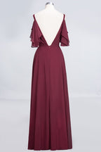 Elgant Ruffles Chiffon Floor-Length Bridesmaid Dress Aline Pearls Sleeveless Wedding Party Dress