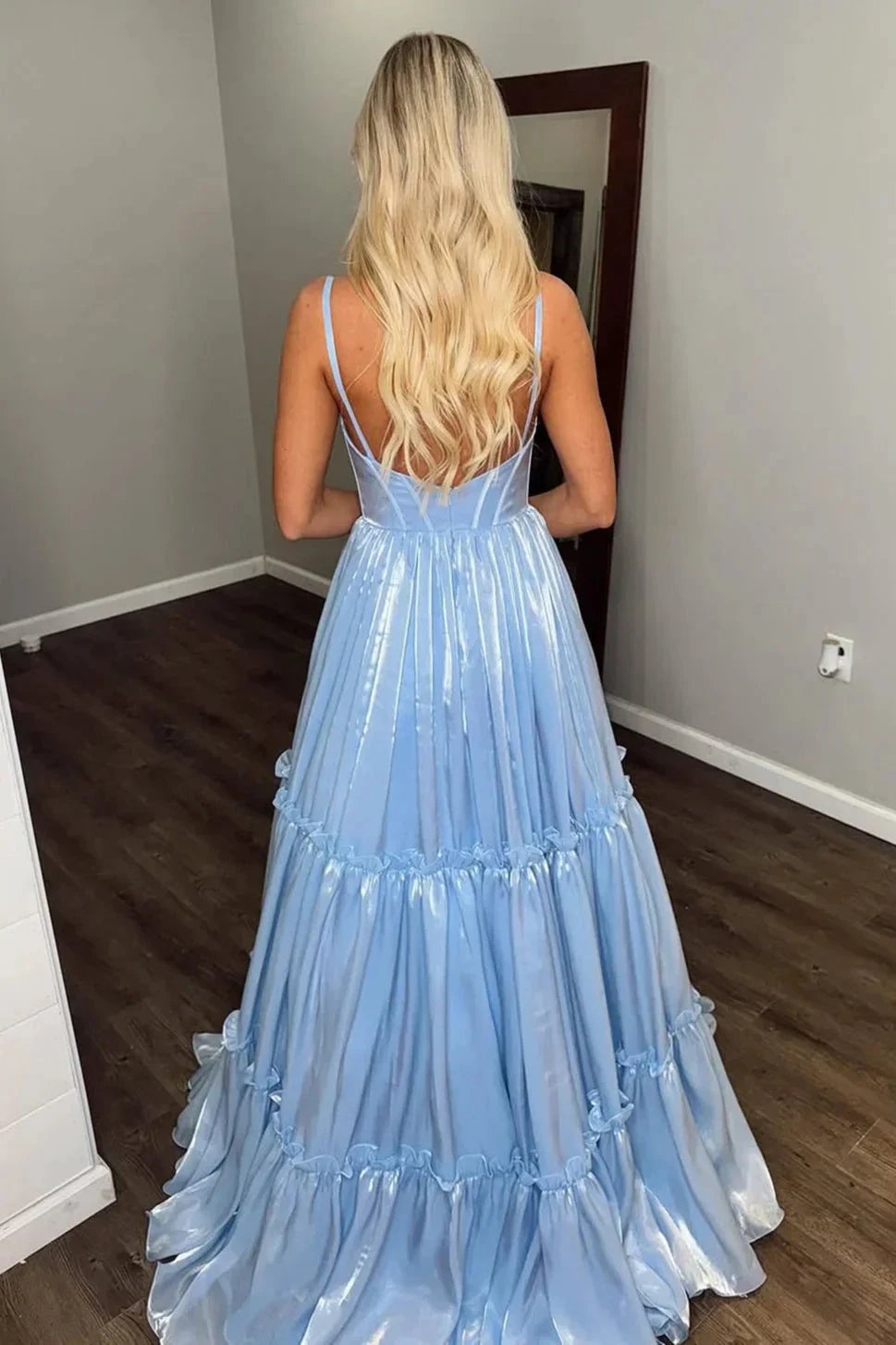 Elian | Cute A Line V Neck Light Blue Glitter Organza Satin Prom Dress by KissProm