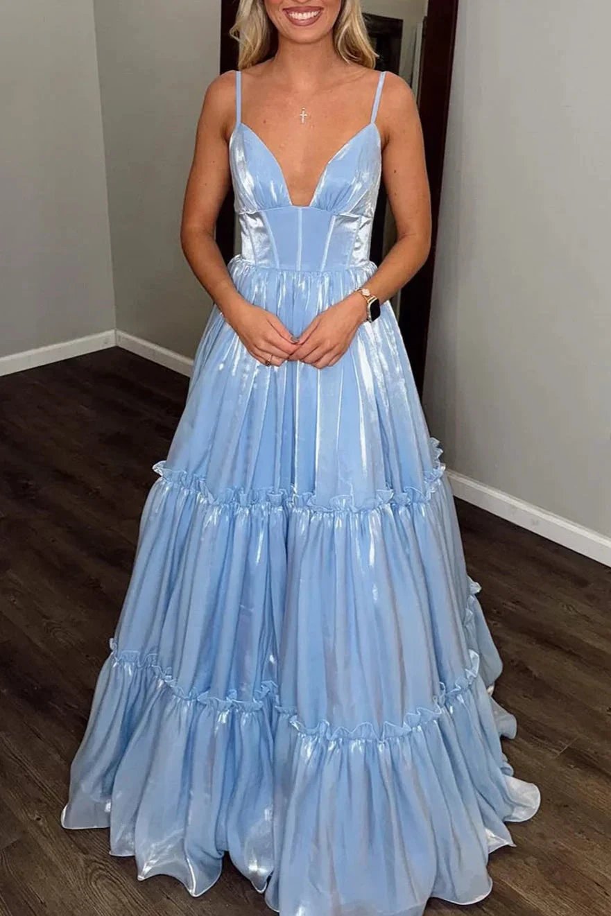 Elian | Cute A Line V Neck Light Blue Glitter Organza Satin Prom Dress by KissProm