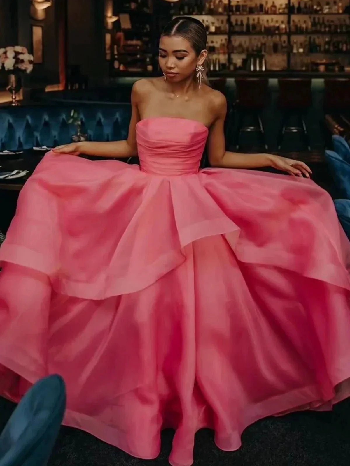 Elisa |Light Pink A Line Strapless Organza Prom Dress by KissProm