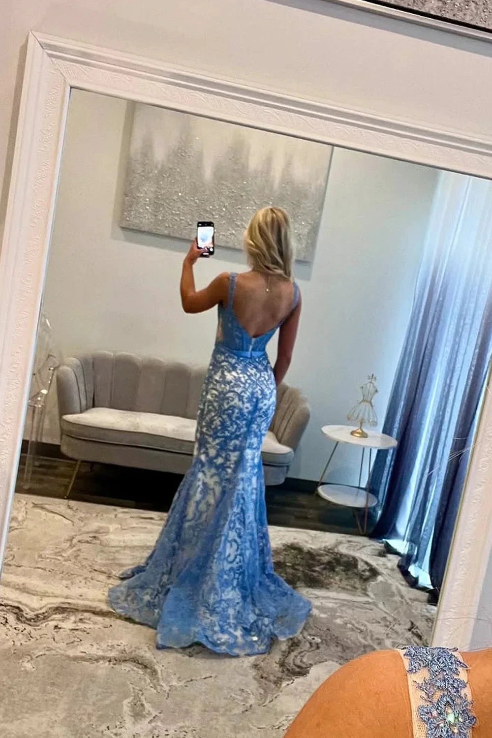 Elise | Gorgeous Mermaid Scoop Neck Blue Lace Prom Dress by KissProm