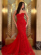 Ellorie | Mermaid Sweetheart Red Lace Long Prom Dresses by KissProm