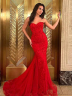 Ellorie | Mermaid Sweetheart Red Lace Long Prom Dresses by KissProm
