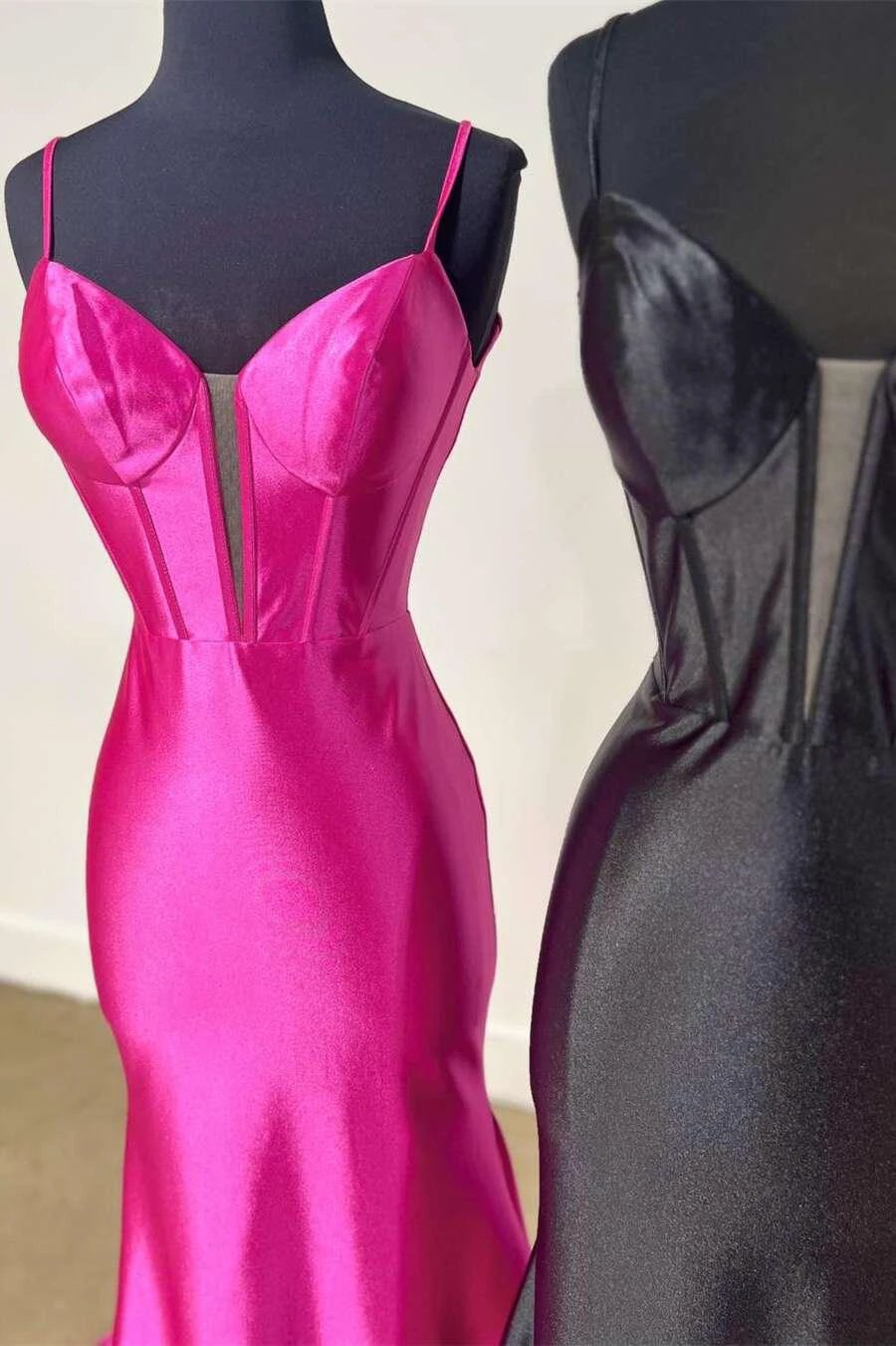 Elori | Plunge Neck Black Satin Mermaid Long Prom Dress by KissProm