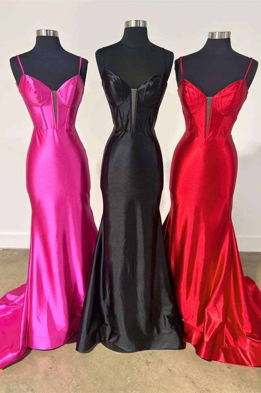 Elori | Plunge Neck Black Satin Mermaid Long Prom Dress by KissProm