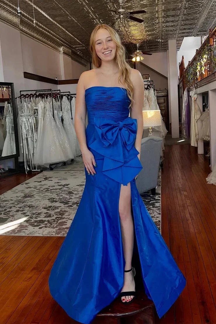 Elton | Red Strapless Mermaid Big Bow Satin Pleated Formal Prom Dress with Slit by KissProm