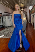 Elton | Red Strapless Mermaid Big Bow Satin Pleated Formal Prom Dress with Slit by KissProm