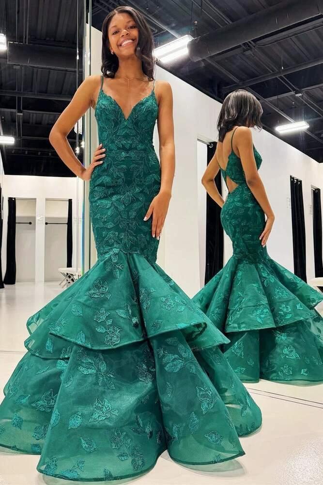 Elysian | Hunter Green V-Neck Lace Applique Layered Mermaid Prom Dress by KissProm