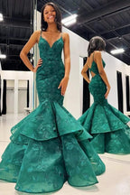 Elysian | Hunter Green V-Neck Lace Applique Layered Mermaid Prom Dress by KissProm