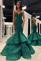 Elysian | Hunter Green V-Neck Lace Applique Layered Mermaid Prom Dress by KissProm