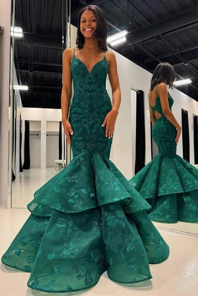 Elysian | Hunter Green V-Neck Lace Applique Layered Mermaid Prom Dress by KissProm