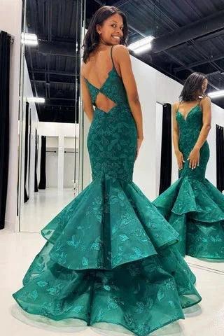 Elysian | Hunter Green V-Neck Lace Applique Layered Mermaid Prom Dress by KissProm