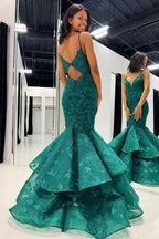 Elysian | Hunter Green V-Neck Lace Applique Layered Mermaid Prom Dress by KissProm