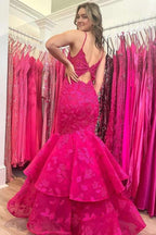 Elysian | Hunter Green V-Neck Lace Applique Layered Mermaid Prom Dress by KissProm