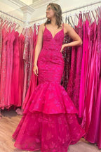 Elysian | Hunter Green V-Neck Lace Applique Layered Mermaid Prom Dress by KissProm