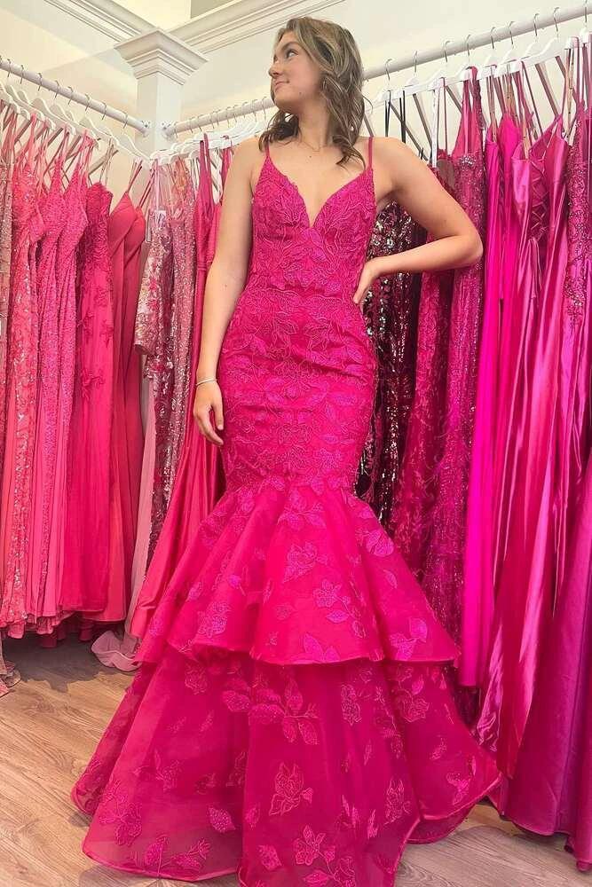 Elysian | Hunter Green V-Neck Lace Applique Layered Mermaid Prom Dress by KissProm