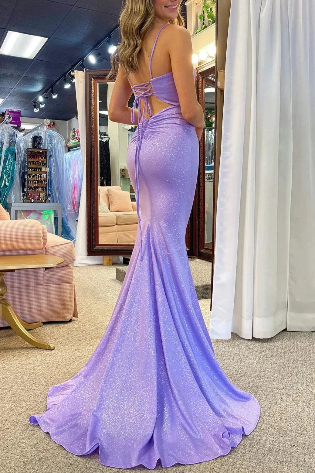 Ency | Glitter Lavender Beaded Lace-Up Mermaid Long Gown by KissProm