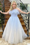 Enid | Blue and White Ombre Feathers Strapless A-Line Long Prom Dress by KissProm