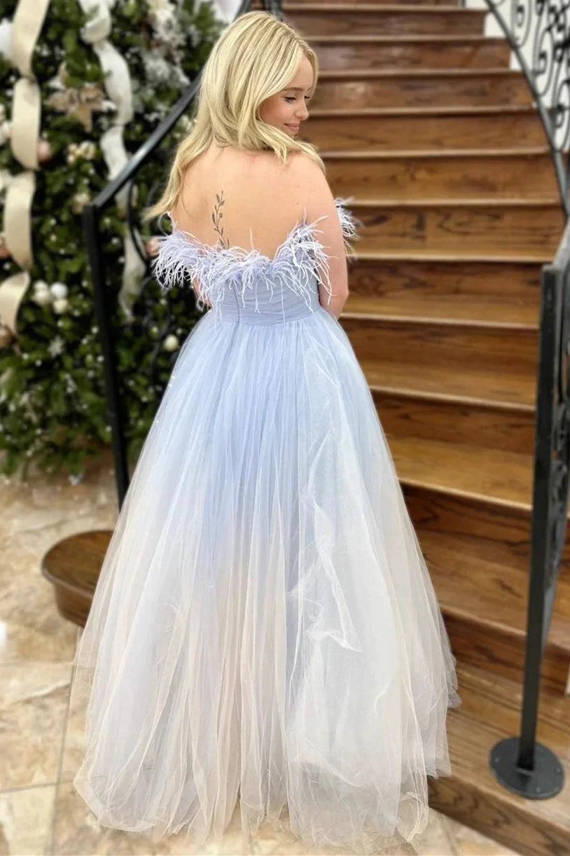 Enid | Blue and White Ombre Feathers Strapless A-Line Long Prom Dress by KissProm