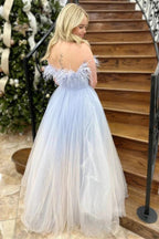 Enid | Blue and White Ombre Feathers Strapless A-Line Long Prom Dress by KissProm