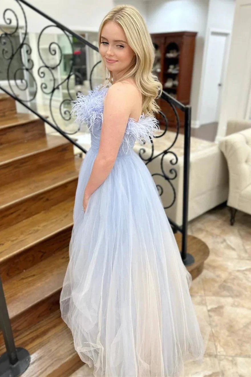 Enid | Blue and White Ombre Feathers Strapless A-Line Long Prom Dress by KissProm