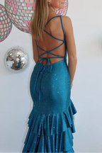 Enolia | Mermaid Spaghetti Straps Rhinestone Ruffles Long Prom Dress with Slit by KissProm