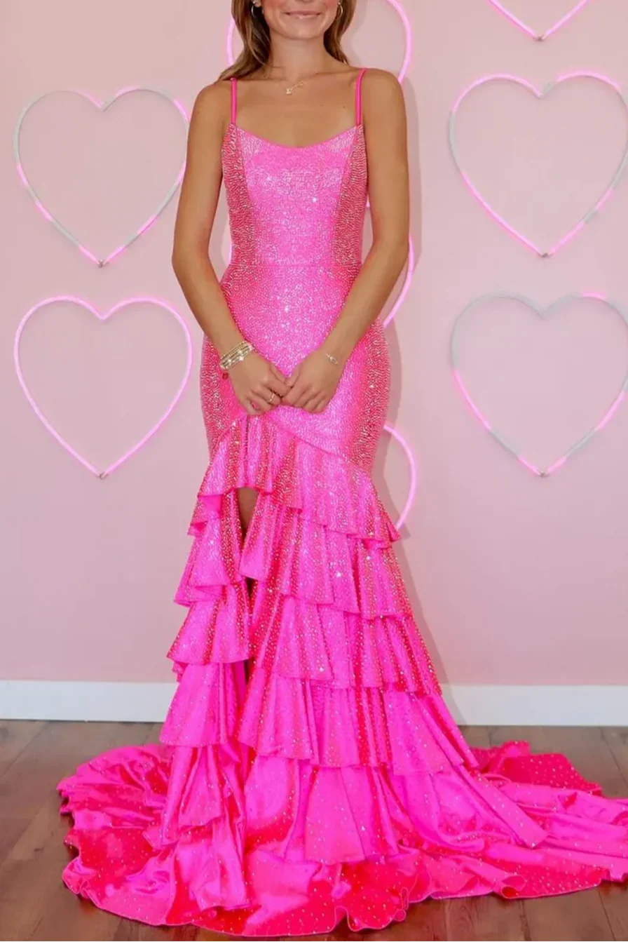 Enolia | Mermaid Spaghetti Straps Rhinestone Ruffles Long Prom Dress with Slit by KissProm