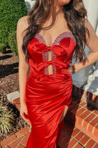 Entra | Red Strapless V-Neck Bow Mermaid Pleated Long Prom Dress with Slit by KissProm