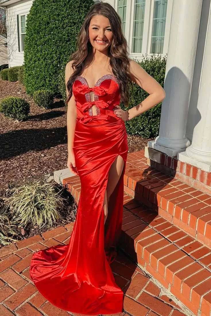 Entra | Red Strapless V-Neck Bow Mermaid Pleated Long Prom Dress with Slit by KissProm
