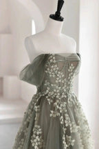 Eosinia | Gray Green Off The Shoulder Tulle Prom Dress With Appliques by KissProm