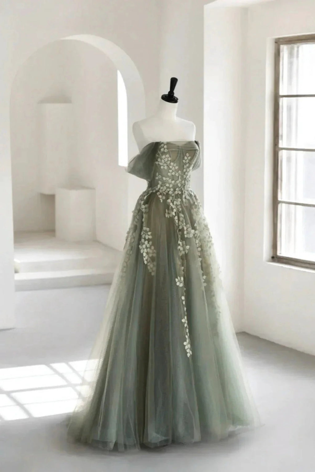 Eosinia | Gray Green Off The Shoulder Tulle Prom Dress With Appliques by KissProm