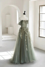 Eosinia | Gray Green Off The Shoulder Tulle Prom Dress With Appliques by KissProm