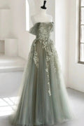 Eosinia | Gray Green Off The Shoulder Tulle Prom Dress With Appliques by KissProm