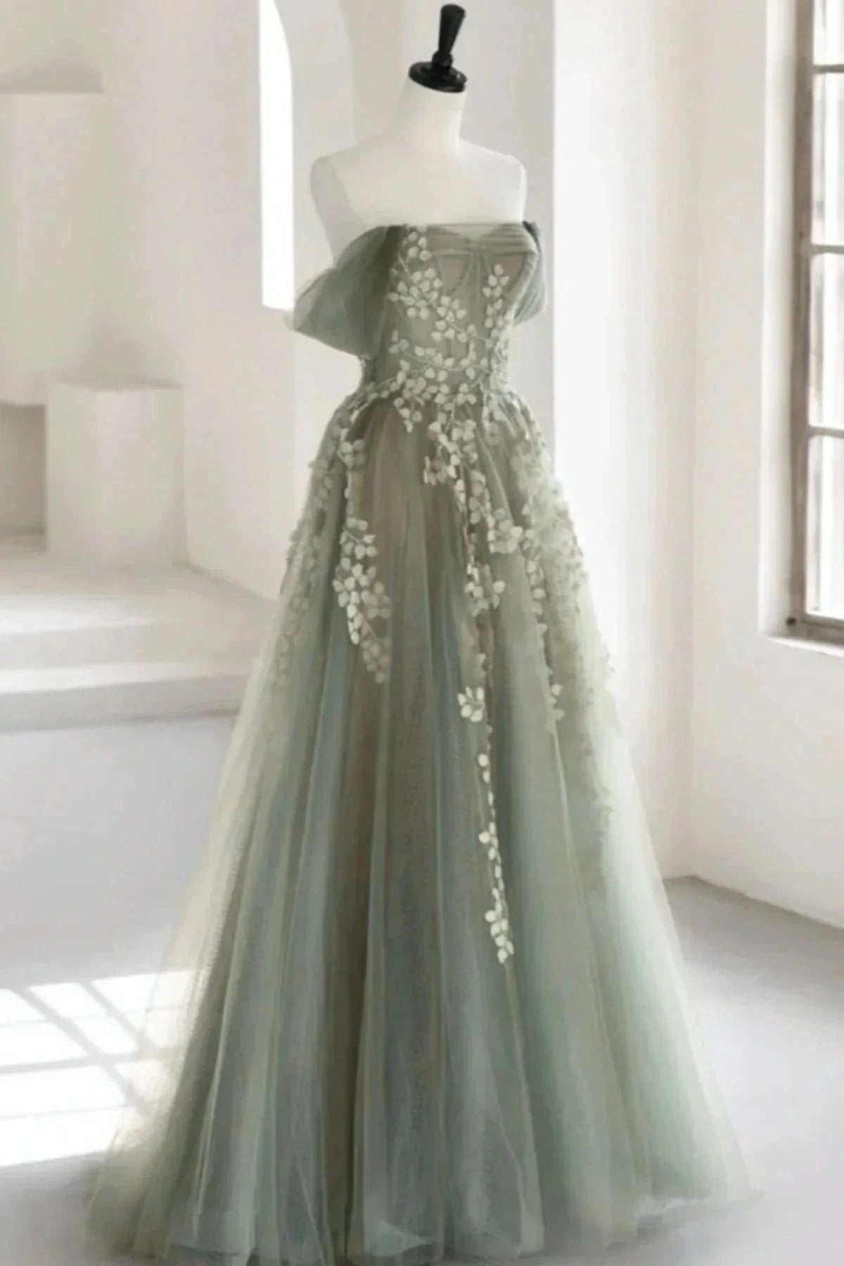 Eosinia | Gray Green Off The Shoulder Tulle Prom Dress With Appliques by KissProm