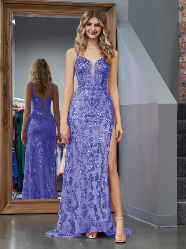 Purple Sheath Sequins Long Prom Dress with Slit Hover Image